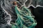 Young woman on beach with flowing dress. (AI Generated) Coastal Print